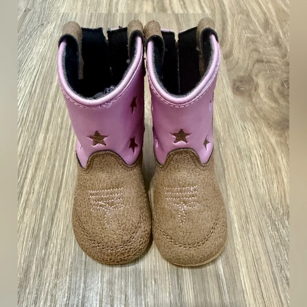 Old West Lia Pink Poppets Infant Cowboy Boots Star Round Toe Size 1